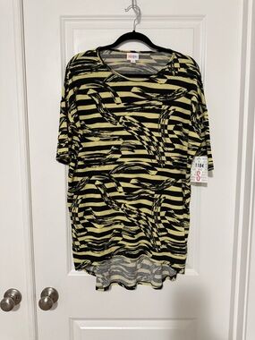 LuLaRoe Irma Black and Yellow Abstract Stripe Top